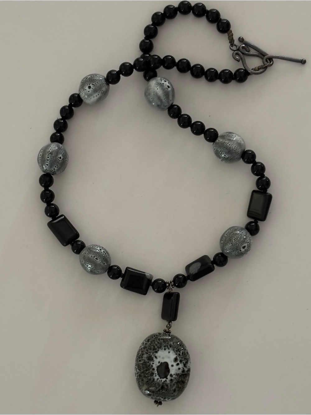Boho Stone and Bead Necklace with Glossy Gray/Black Center Stone